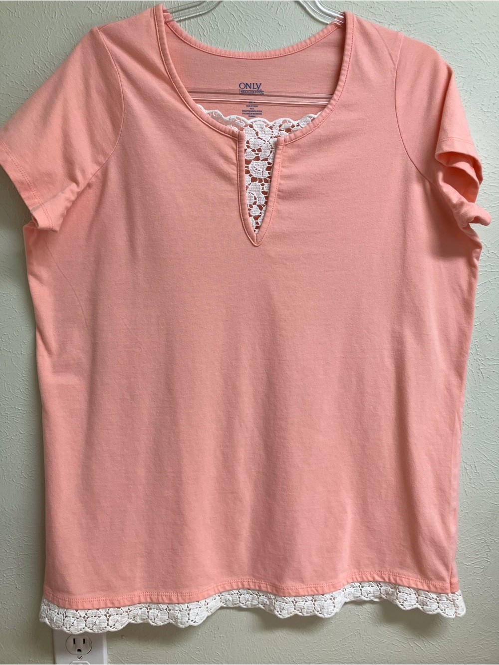 Only Peach Short Sleeve Tee with White Lace Trim
